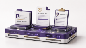 Healthcare Operations & Practice Management Blog | Integral Clinic Solutions 9 Healthcare IT provider illustration showing medical records, billing claims, and eligibility systems supported by connected technology infrastructure.