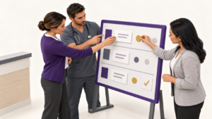 Healthcare Operations & Practice Management Blog | Integral Clinic Solutions 8 Reception, clinical, and billing staff coordinate updates and responsibilities on a shared medical practice task board.