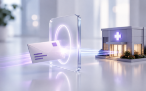 Healthcare Operations & Practice Management Blog | Integral Clinic Solutions 2 3D illustration of an envelope passing through a verification portal toward a medical practice, representing out-of-network billing workflows and financial preparation before claim submission.