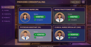 Healthcare Operations & Practice Management Blog | Integral Clinic Solutions 4 A modern provider credentialing software dashboard interface featuring deep purple and gold branding. The dashboard is divided into four main verified panels, displaying: Registered Nurse (RN), Nurse Practitioner (NP), Physician Assistant (PA), and Clinical Nurse Specialist (CNS). Each provider type shows a green 'VERIFIED' status and is marked as 'Complete' and 'Current,' illustrating the final steps of the ancillary services and NPP credentialing verification process within a professional, compliant system.
