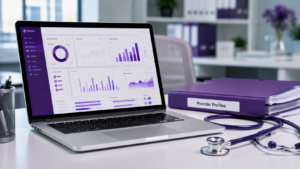 Healthcare Operations & Practice Management Blog | Integral Clinic Solutions 7 CAQH ProView credentialing dashboard displayed on a laptop with provider profile folder and stethoscope in a medical office.
