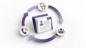 Healthcare Operations & Practice Management Blog | Integral Clinic Solutions 2 Chronic Care Management illustration showing a patient record connected to an ongoing cycle of care coordination, communication, and clinical management.