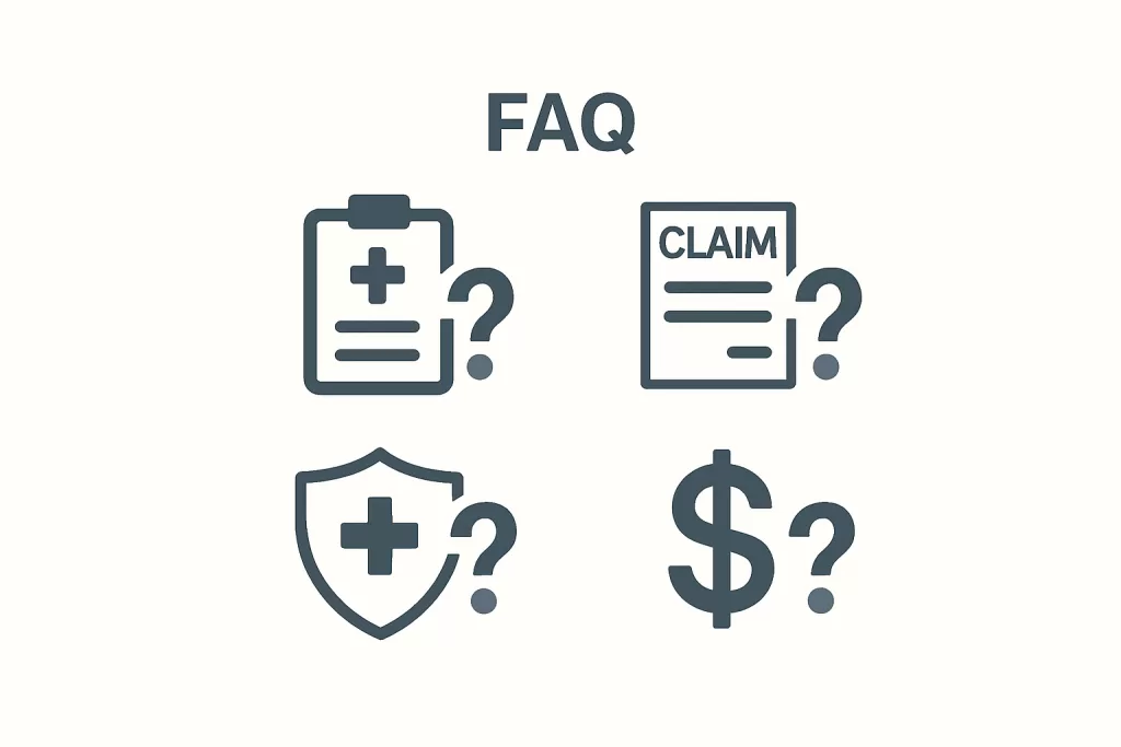 Icons representing common clearinghouse questions in medical billing: compliance, claims, payments, support