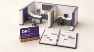 Miniature medical clinic with a DPC membership card and appointment planner, illustrating Direct Primary Care practice planning.