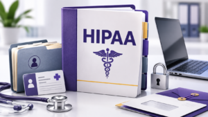 Healthcare Operations & Practice Management Blog | Integral Clinic Solutions 5 HIPAA compliance represented by patient records, a medical file, laptop, and security safeguards in a medical practice.