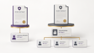 Healthcare Operations & Practice Management Blog | Integral Clinic Solutions 1 Individual and group payer contracts showing an individual provider structure compared with a group structure connecting multiple providers.