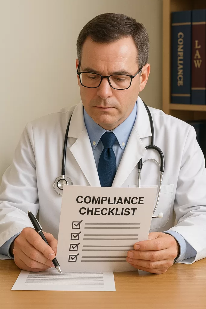 Self-Pay Fee Schedule: How to Build One for Uninsured Patients 5 Doctor reviewing legal compliance checklist for self-pay medical billing