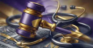 Healthcare Operations & Practice Management Blog | Integral Clinic Solutions 6 Premium abstract composition symbolizing Malpractice Insurance, featuring a stylized gavel (deep purple and gold) intertwined with a stethoscope (slate gray and gold) resting on a textured bed of currency. This image represents the intersection of legal risk, medical operations, and financial stability in healthcare.