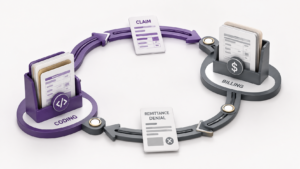 Medical billing and coding workflow showing claims moving from coding to billing and denials returning through the revenue cycle.