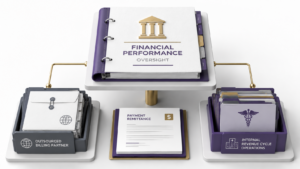 Healthcare Operations & Practice Management Blog | Integral Clinic Solutions 5 Medical Billing In-House or Outsource illustration showing financial performance oversight connecting an outsourced billing partner, payment remittance, and internal revenue cycle operations.
