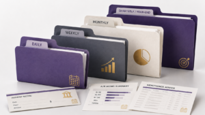 Healthcare Operations & Practice Management Blog | Integral Clinic Solutions 3 Medical practice financial reporting illustrated with daily, weekly, monthly, and quarterly financial records and revenue cycle documents.