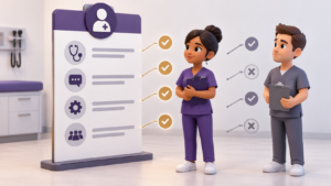 Healthcare Operations & Practice Management Blog | Integral Clinic Solutions 1 Medical Practice Hiring illustration showing two clinical support candidates evaluated against clearly defined role requirements.