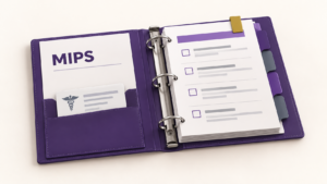 Open MIPS binder with a clinician identification card, reporting worksheet, and four section dividers for organizing MIPS requirements.