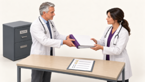 Healthcare Operations & Practice Management Blog | Integral Clinic Solutions 1 Clinicians hand over a patient-care folder during a provider retirement transition, with medical records storage and a task checklist nearby.