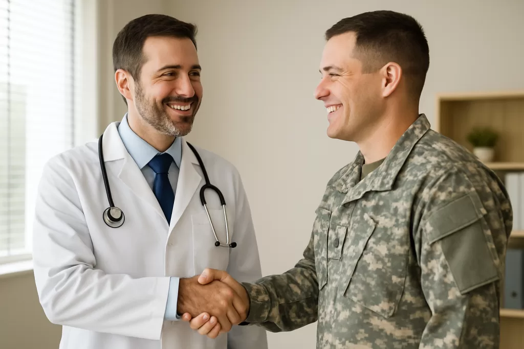 Medical provider shaking hands with military patient to symbolize strong provider-veteran care relationship