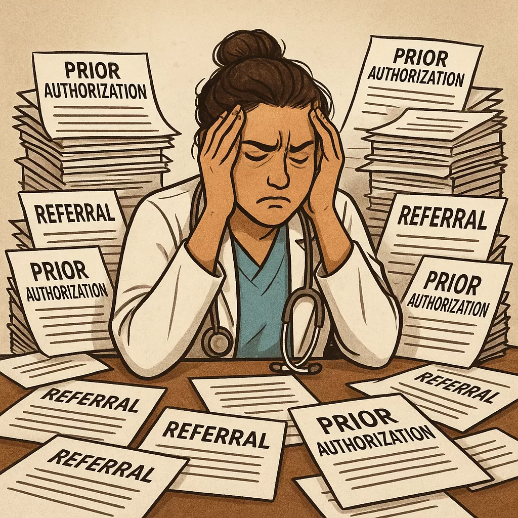 A stressed healthcare provider overwhelmed by referral and prior authorization paperwork