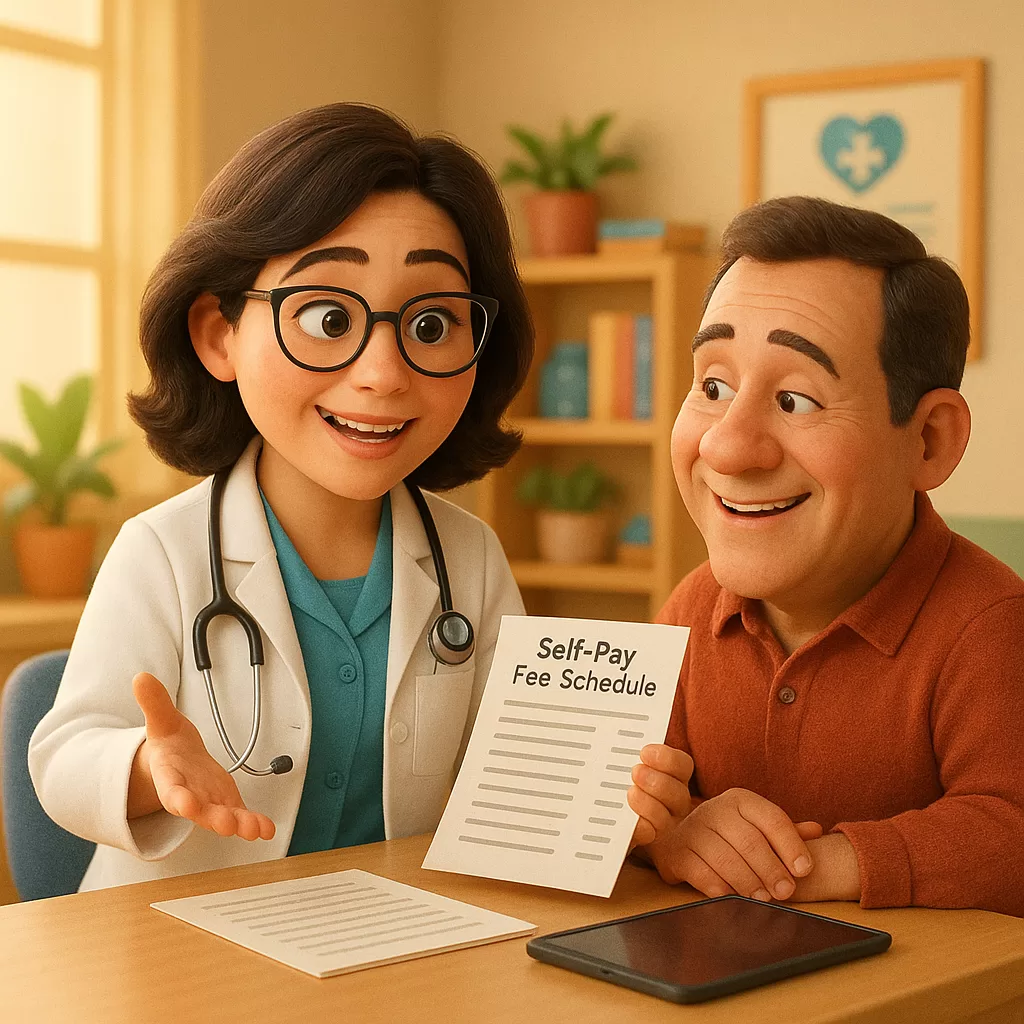 Self-Pay Fee Schedule: How to Build One for Uninsured Patients 1 Medical provider explaining self-pay fee schedule to patient in clinic office