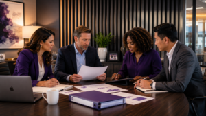 Healthcare Operations & Practice Management Blog | Integral Clinic Solutions 6 A healthcare consultant reviewing financial documents and transition checklists in a high-end office with slate slat accents, strategically managing a payer contract termination.