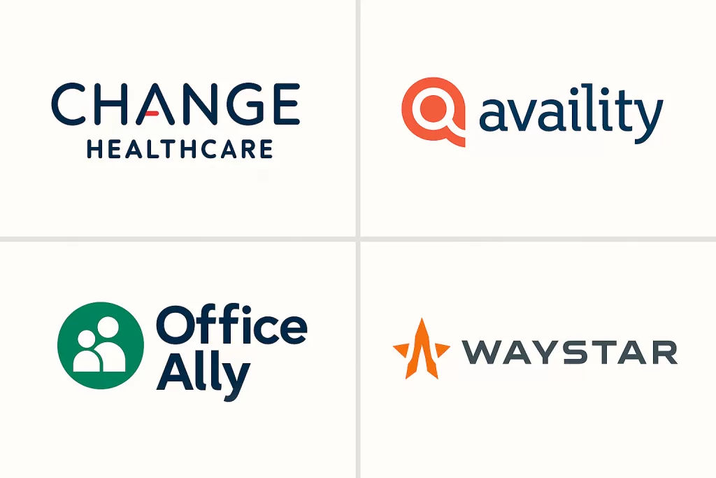 Visual summary of top clearinghouse platforms used in medical billing, including Change Healthcare and Availity