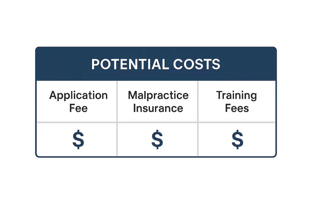 Cost breakdown of hospital privileges including fees and insurance