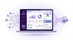 Healthcare Operations & Practice Management Blog | Integral Clinic Solutions 2 A high-tech minimalist illustration of a medical practice dashboard and digital patient portal on a laptop screen, showing secure healthcare data processing in a purple and lavender color palette.