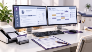 Healthcare Operations & Practice Management Blog | Integral Clinic Solutions 7 Medical practice computer workstation with dual monitors supporting electronic health records, patient scheduling, insurance information, and document scanning.