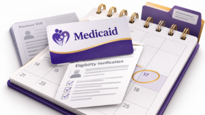 Healthcare Operations & Practice Management Blog | Integral Clinic Solutions 9 Medicaid eligibility verification illustrated with a Medicaid card, current eligibility record, and calendar for the date of service.