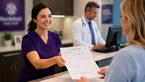 Healthcare Operations & Practice Management Blog | Integral Clinic Solutions 2 Medical staff member handing a client referral form to a patient at a front desk, illustrating standardized referral management workflows in an independent clinic.