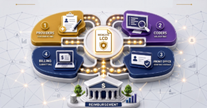 A 3D isometric infographic titled 'Proactive LCD Management,' illustrating a four-stage cyclic workflow of 'Providers (Documenting),' 'Coders (Validating),' 'Front Office (Verifying Coverage),' and 'Billing (Submitting),' all interconnected with glowing energy points and unified by a central 'Medicare Local Coverage Determinations (LCDs) ' authority leading to 'Reimbursement.