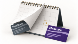 Healthcare Operations & Practice Management Blog | Integral Clinic Solutions 3 Medicare Open Enrollment illustration showing an older Medicare card beneath a turning calendar page and a new card beside an upcoming appointment.