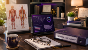 Healthcare Operations & Practice Management Blog | Integral Clinic Solutions 7 A desk featuring a "Provider Enrollment" binder, a tablet displaying network participation data, and medical diagrams, representing the operational workflow for mid-level provider credentialing.