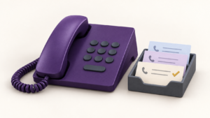Healthcare Operations & Practice Management Blog | Integral Clinic Solutions 2 Purple office phone beside an organized callback tray with a completed call card, illustrating patient communication in a medical practice.