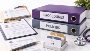 Healthcare Operations & Practice Management Blog | Integral Clinic Solutions 8 Policies and Procedures binders with patient records, healthcare forms, and organized reference materials.
