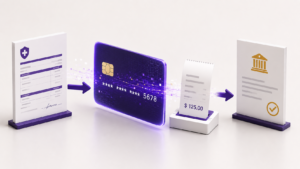Healthcare Operations & Practice Management Blog | Integral Clinic Solutions 2 Virtual credit card payments illustration showing an insurance claim moving through a digital credit card transaction and payment processing