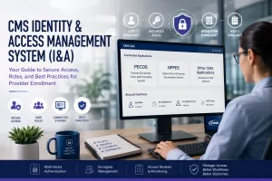 Healthcare Operations & Practice Management Blog | Integral Clinic Solutions 4 Healthcare administrator managing CMS Identity and Access Management System access across PECOS, NPPES, and Medicare enrollment platforms.