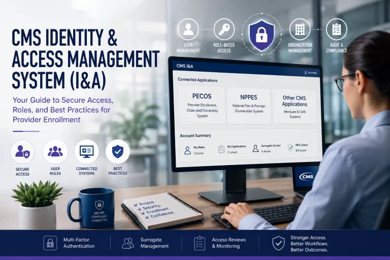 Healthcare administrator managing CMS Identity and Access Management System access across PECOS, NPPES, and Medicare enrollment platforms.