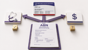 Healthcare Operations & Practice Management Blog | Integral Clinic Solutions 4 Medicare ABN illustration showing an Advance Beneficiary Notice of Noncoverage connecting Medicare coverage, medical services, and potential patient costs.