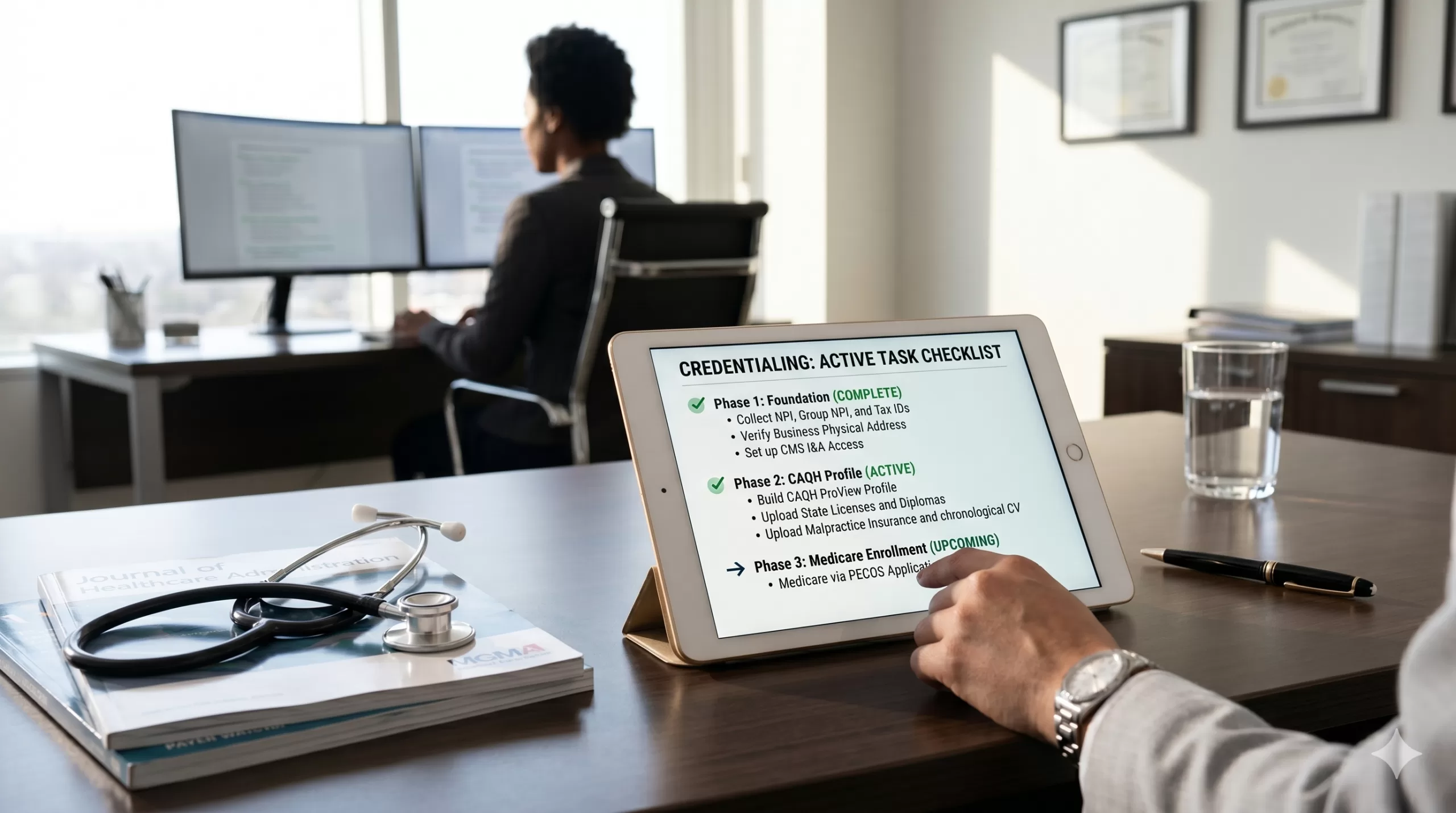 An editorial, cinematic over-the-shoulder shot of a modern healthcare administrative office with soft, natural lighting. In the foreground, an administrator reviews a tablet displaying a clean document titled "CREDENTIALING: ACTIVE TASK CHECKLIST" outlining foundational, CAQH profile, and Medicare enrollment tasks. A stethoscope rests on professional medical administration journals nearby, while another staff member works at a dual-monitor computer desk in the softly blurred background.