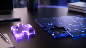 Healthcare Operations & Practice Management Blog | Integral Clinic Solutions 6 A conceptual photograph of a glowing glass puzzle piece representing an unaligned provider NPI number sitting disconnected from a larger, organized medical database registry on a corporate office desk.