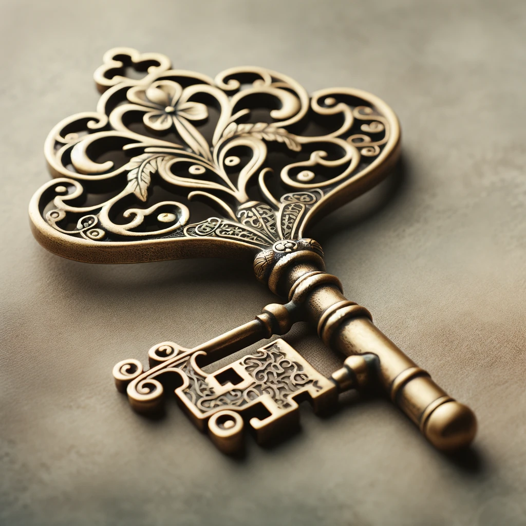DALL&middot;E 2024 02 09 19.28.49 A beautifully crafted antique key made of brass with an intricate design featuring floral patterns and swirling filigree along its shaft and bow. Th