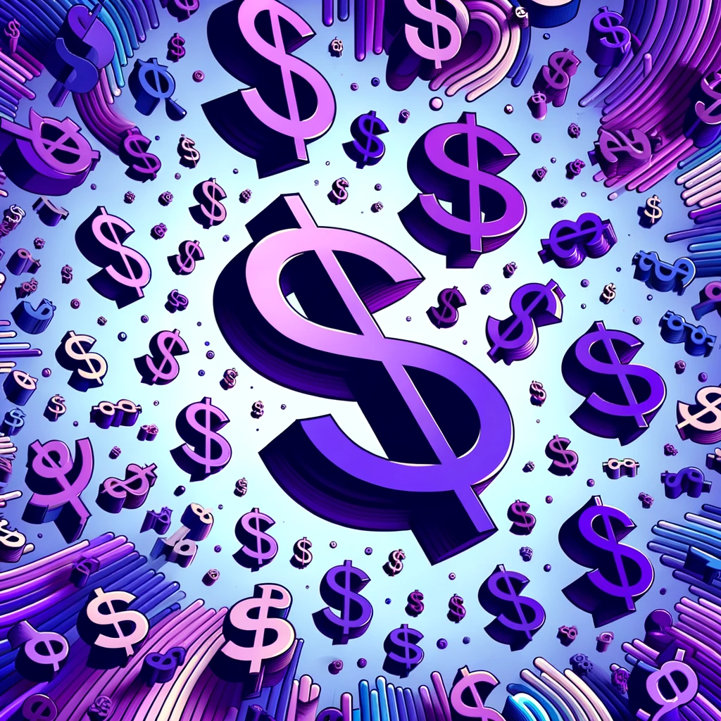 DALL&middot;E 2024 02 22 10.38.47 Create an abstract image featuring multiple sized dollar signs scattered across a purple background. The dollar signs should vary in size to create a