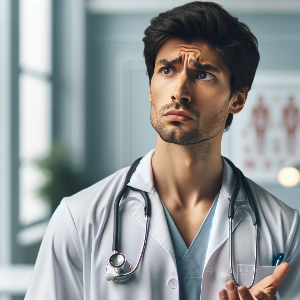 DALL&middot;E 2024 02 22 10.42.33 Create an image of a single healthcare professional standing in a clinical setting looking confused. The healthcare professional should be in standar