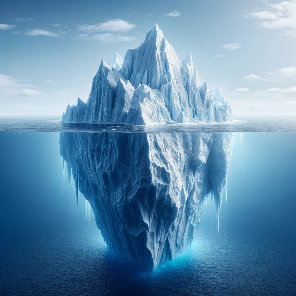 DALL&middot;E 2024 02 22 10.52.17 Create an image of an iceberg with the majority of its mass submerged underwater. The scene should depict a clear distinction between the small porti