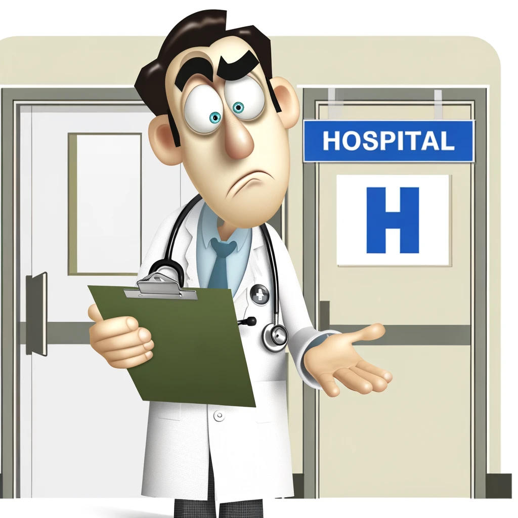 DALL&middot;E 2024 03 02 08.51.11 A cartoon image of a confused doctor standing in a hospital corridor. The doctor is wearing a white coat with a stethoscope around their neck looking