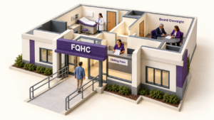 Healthcare Operations & Practice Management Blog | Integral Clinic Solutions 7 Cutaway illustration of a federally qualified health center showing an accessible entrance, sliding-fee reception, primary-care room, and board oversight meeting.