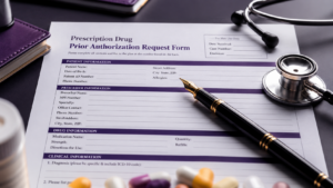 Healthcare Operations & Practice Management Blog | Integral Clinic Solutions 4 A professional medical desk setting featuring a Prescription Prior Authorization request form, a stethoscope, and medication, representing efficient clinic operational workflows.