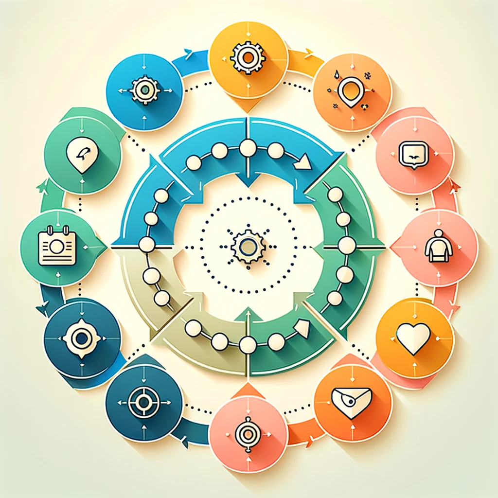 DALL&middot;E 2024 05 14 14.13.21 A visually appealing 7 step cycle diagram with each step represented by a distinct colored circle arranged in a circular pattern. Each circle contain