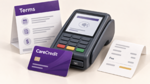Healthcare Operations & Practice Management Blog | Integral Clinic Solutions 4 CareCredit card beside a payment terminal, financing terms leaflet, and receipt showing a processing fee.
