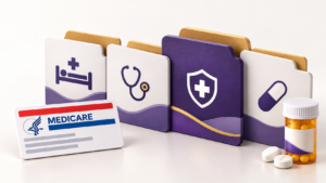 Healthcare Operations & Practice Management Blog | Integral Clinic Solutions 5 Medicare Parts A B C and D illustrated with a Medicare card, layered medical coverage folders, and prescription medication.