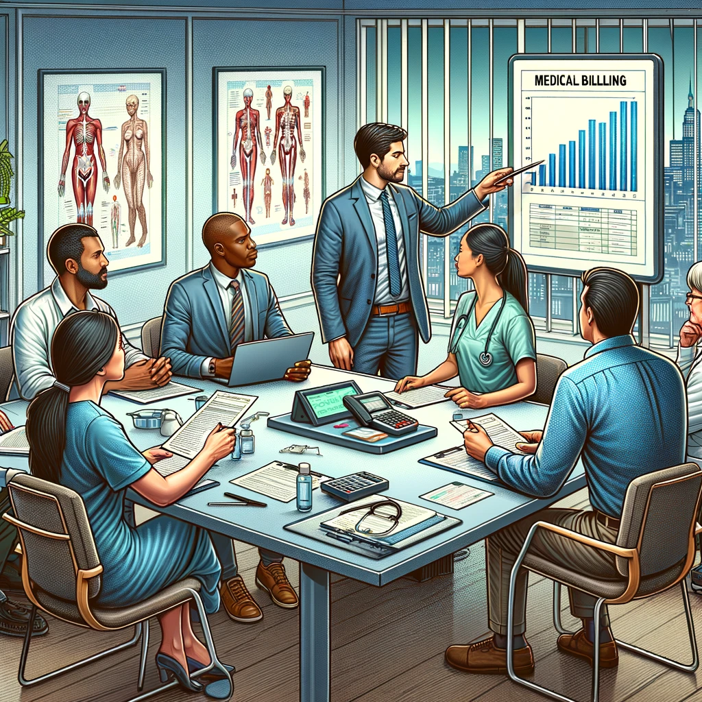 DALL&middot;E 2024 06 06 10.34.15 A detailed illustration of a diverse group of healthcare professionals in a meeting room discussing billing practices with a representative. The scene